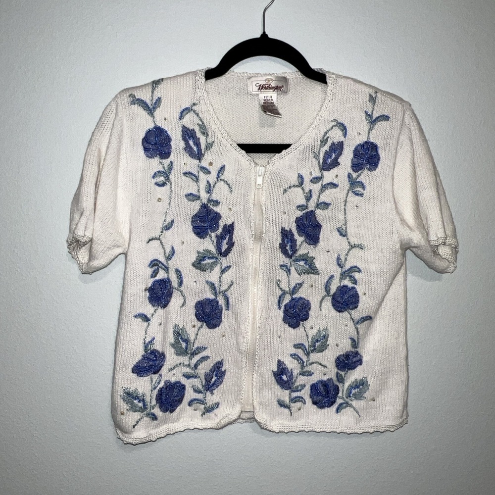 VTG Worthington S/S Knit Sweater Shoulder Pads White Floral Zip embroidery front